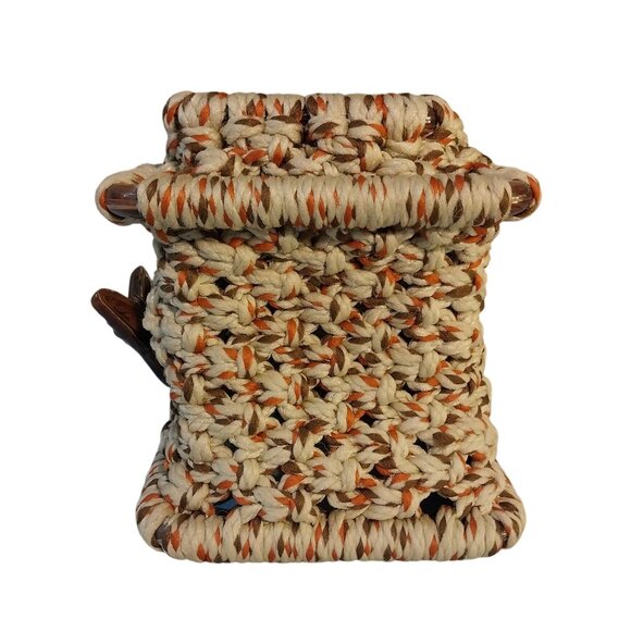 Vintage Macrame Tissue Box Cover Brown Tones With Ceramic Butterfly Accent - Picture 2 of 6